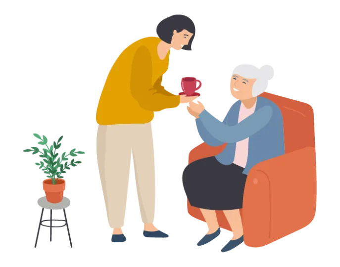 Illustration d'une femme donnant une tasse de thé à une dame âgée.