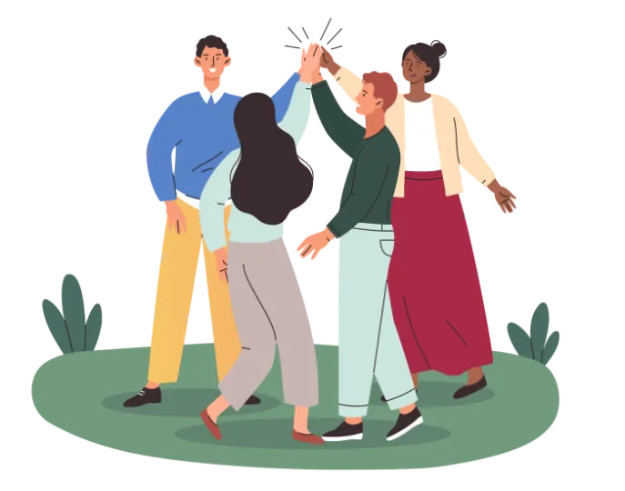Illustration d'un groupe d'hommes et de femmes qui se tapent dans la main.